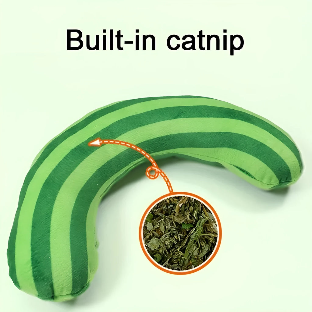 Striped pattern cat pillow toy in green, rainbow, or yellow, showing dimensions of 23cm by 20cm.