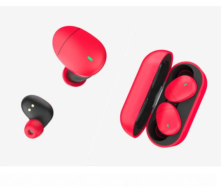 Flame red Qualcomm TWS 3040 Bluetooth 5.2 wireless earplug headset with charging cable.