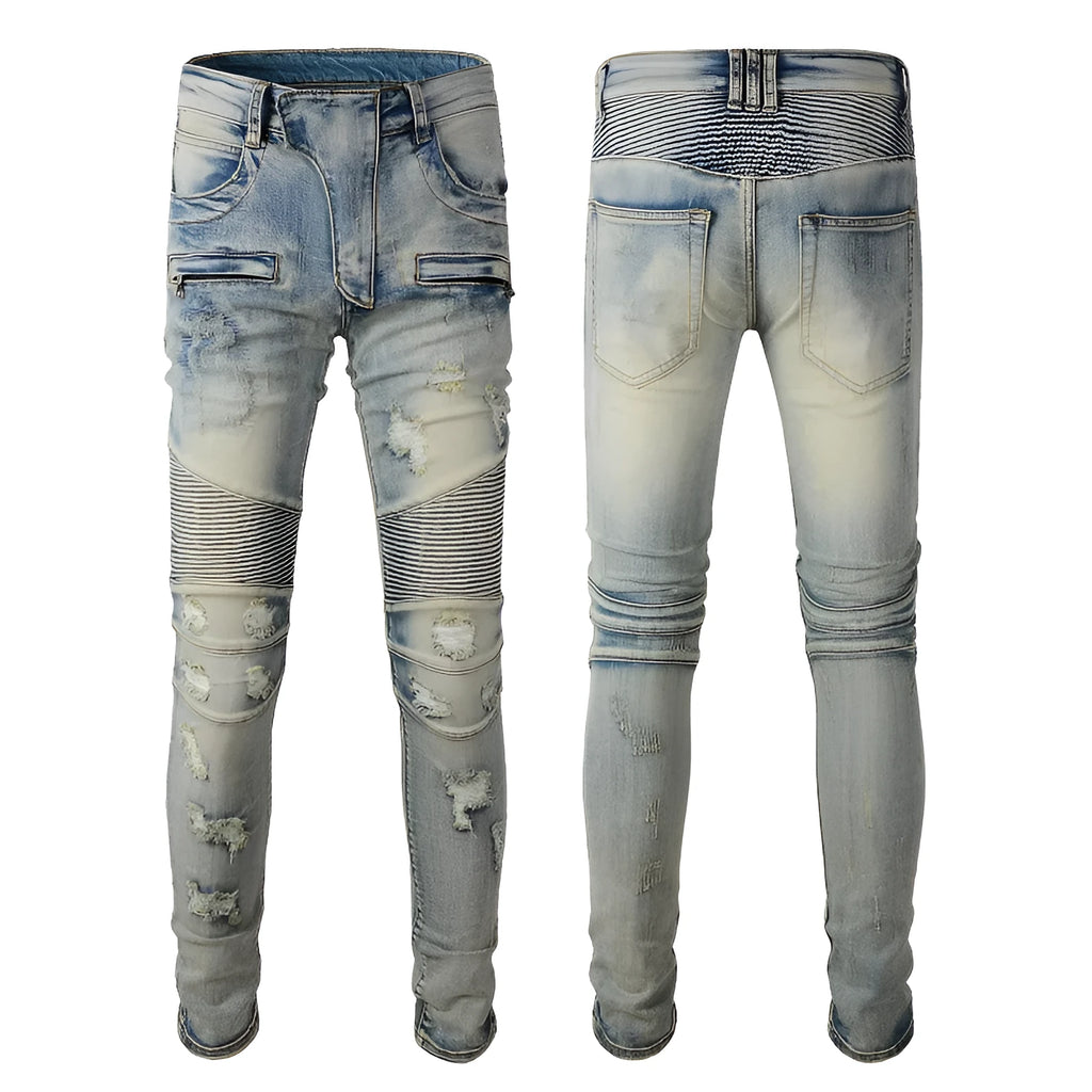 Light blue distressed men's slim-fit jeans with hand-frayed details on a mid-waist, straight-leg stretch denim.