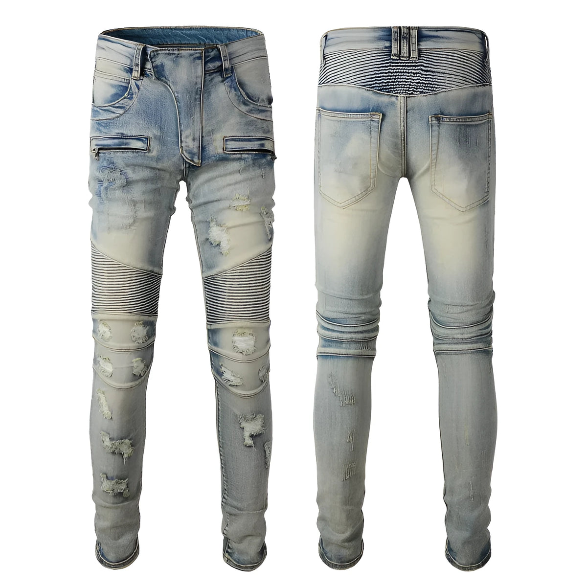 Light blue distressed men's slim-fit jeans with hand-frayed details on a mid-waist, straight-leg stretch denim.