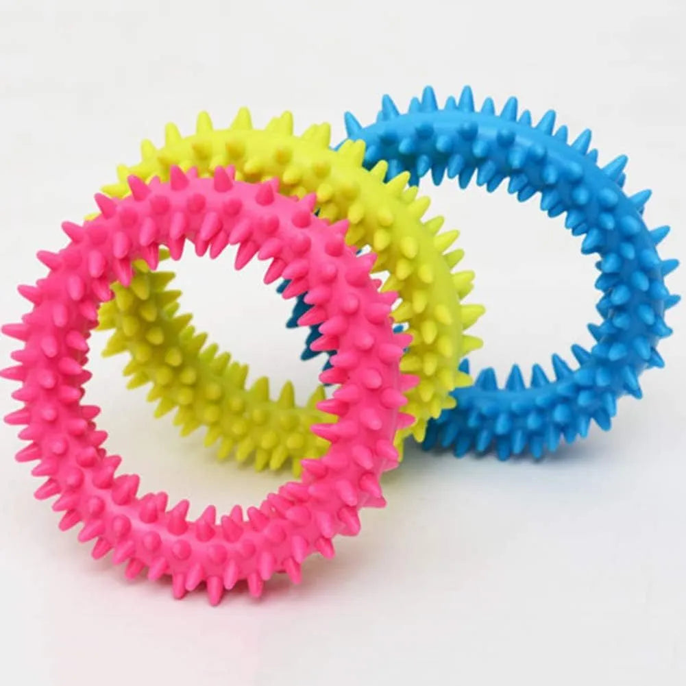 9.5cm diameter TPR dog chew toy with spiked dental cleaning nubs in multiple colours