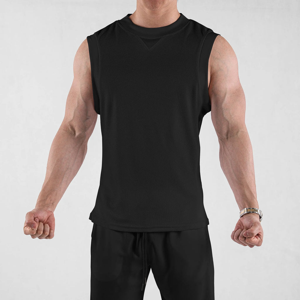 Men's black loose fit fitness vest made from soft quick-dry fabric for summer sports.