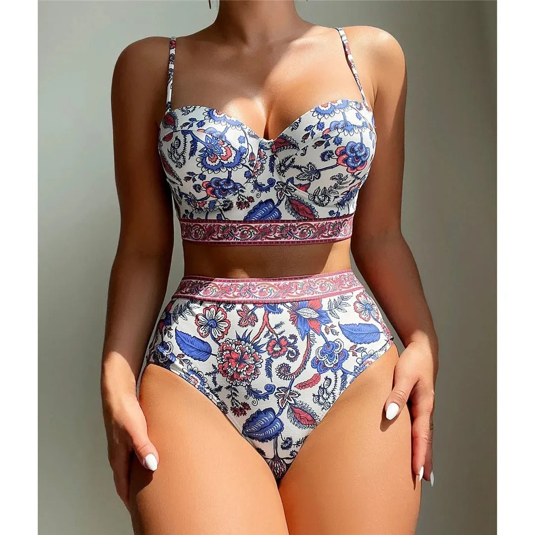 Blue women's high-waist bikini with push-up top and adjustable straps.