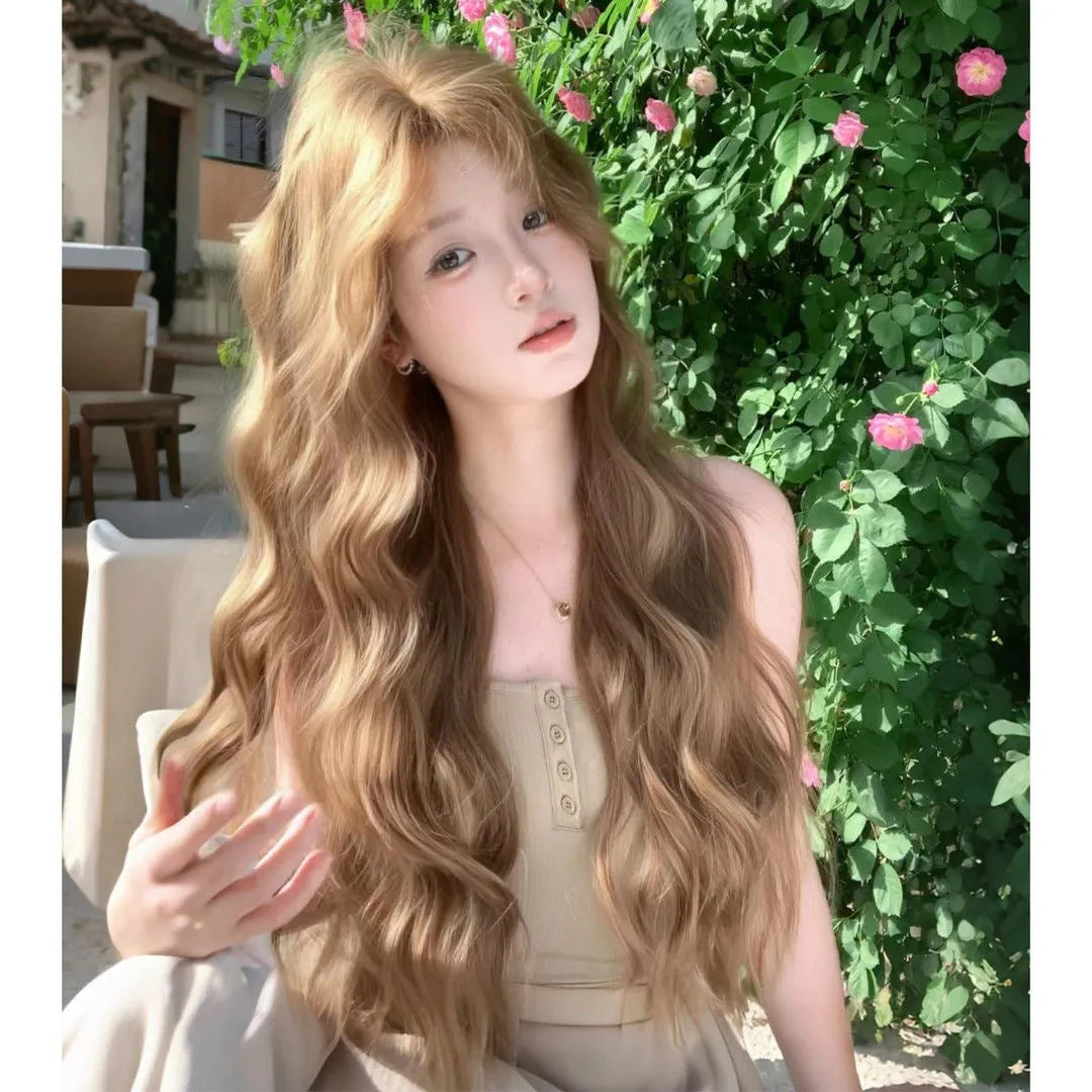 Linen brown medium-length curly synthetic wig on a display stand.