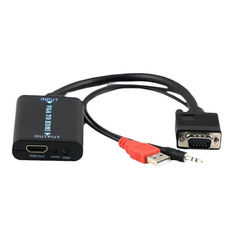 Black VGA to HDMI female converter with USB port for connecting computers to displays
