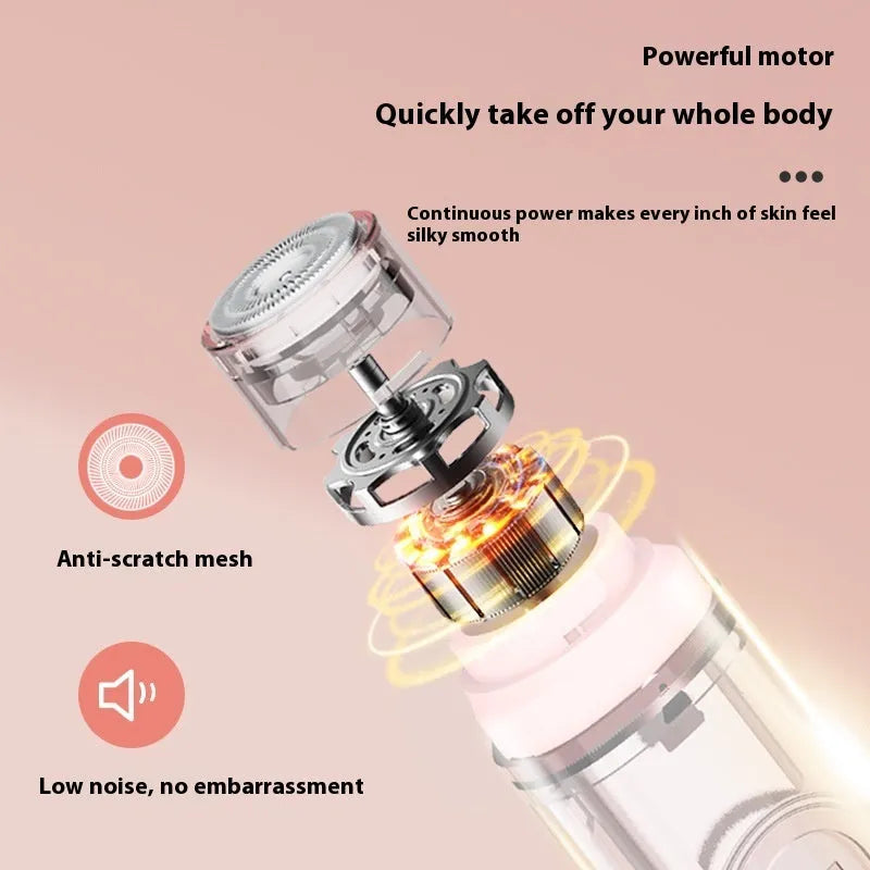White and pink portable electric body hair trimmer with USB cable on a plain background.