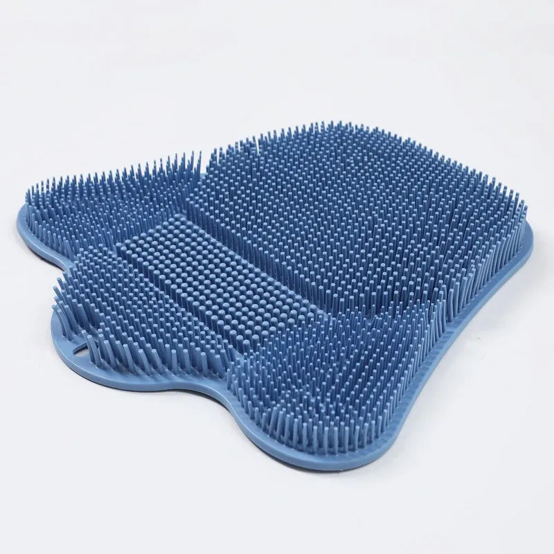 Blue silicone bath massage cushion for back scrubbing, measuring 31 by 32 centimetres