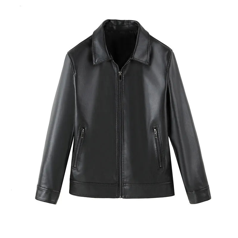 Men's black PU leather jacket with zipper pockets and loose fit casual design