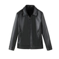 Men's black PU leather jacket with zipper pockets and loose fit casual design