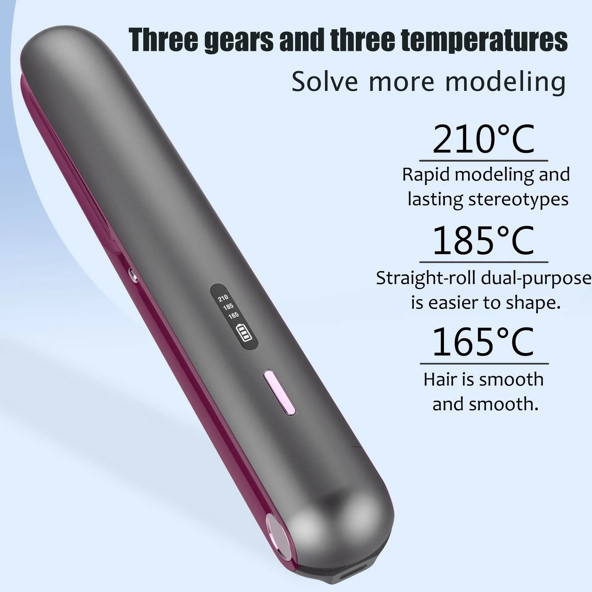 Moon shadow grey wireless hair straightener with tourmaline ceramic plates and temperature control display