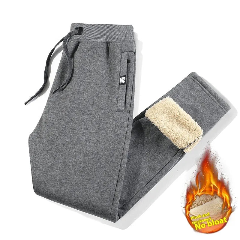 Men's gray fleece-lined track pants with elasticated waistband and straight leg design