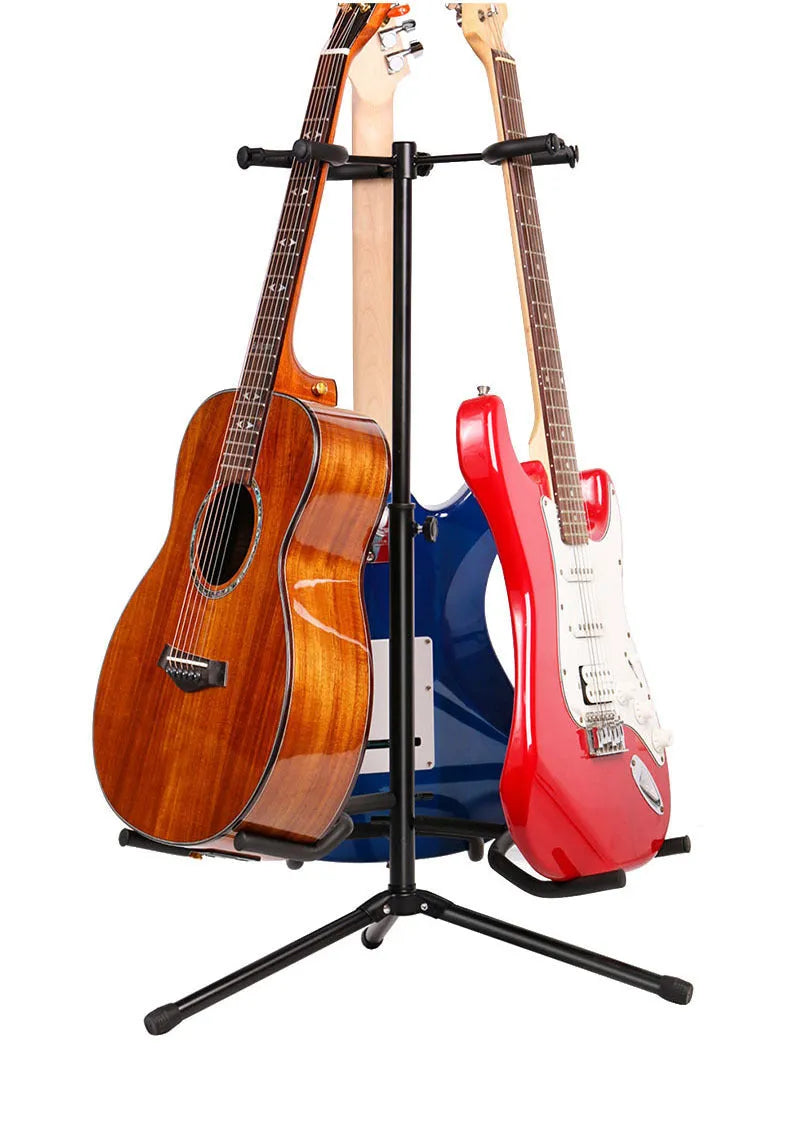 Black vertical guitar stand with double heads and adjustable support arms for acoustic and electric instruments