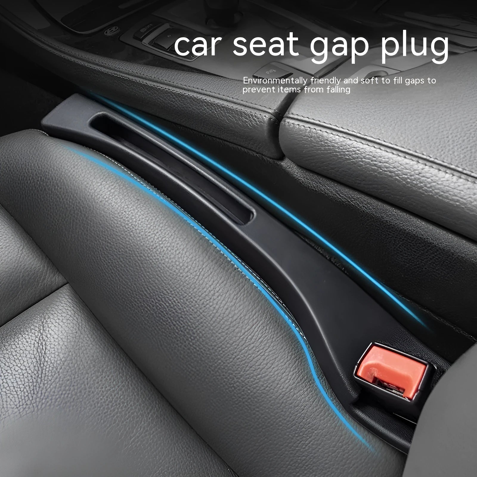 Black plastic car seat gap storage box with handle between vehicle seats