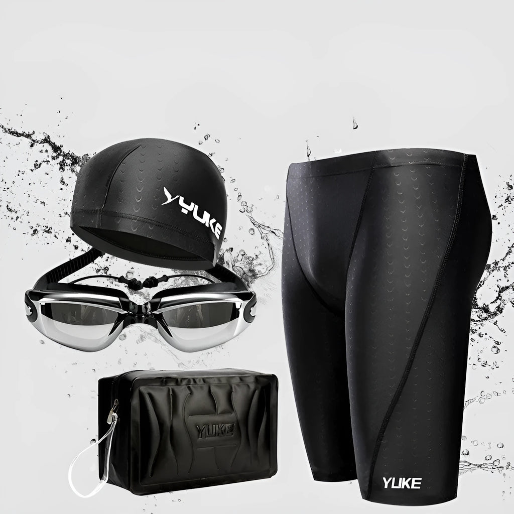 Men's black swimming set with briefs trunks, anti-fog goggles, waterproof cap, ear plugs, nose clip, and carry bag.