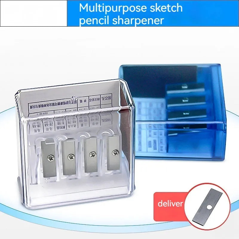 Four hole plastic pencil sharpener with geometric design and integrated screwdriver for art pencils