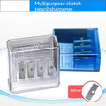 Four hole plastic pencil sharpener with geometric design and integrated screwdriver for art pencils
