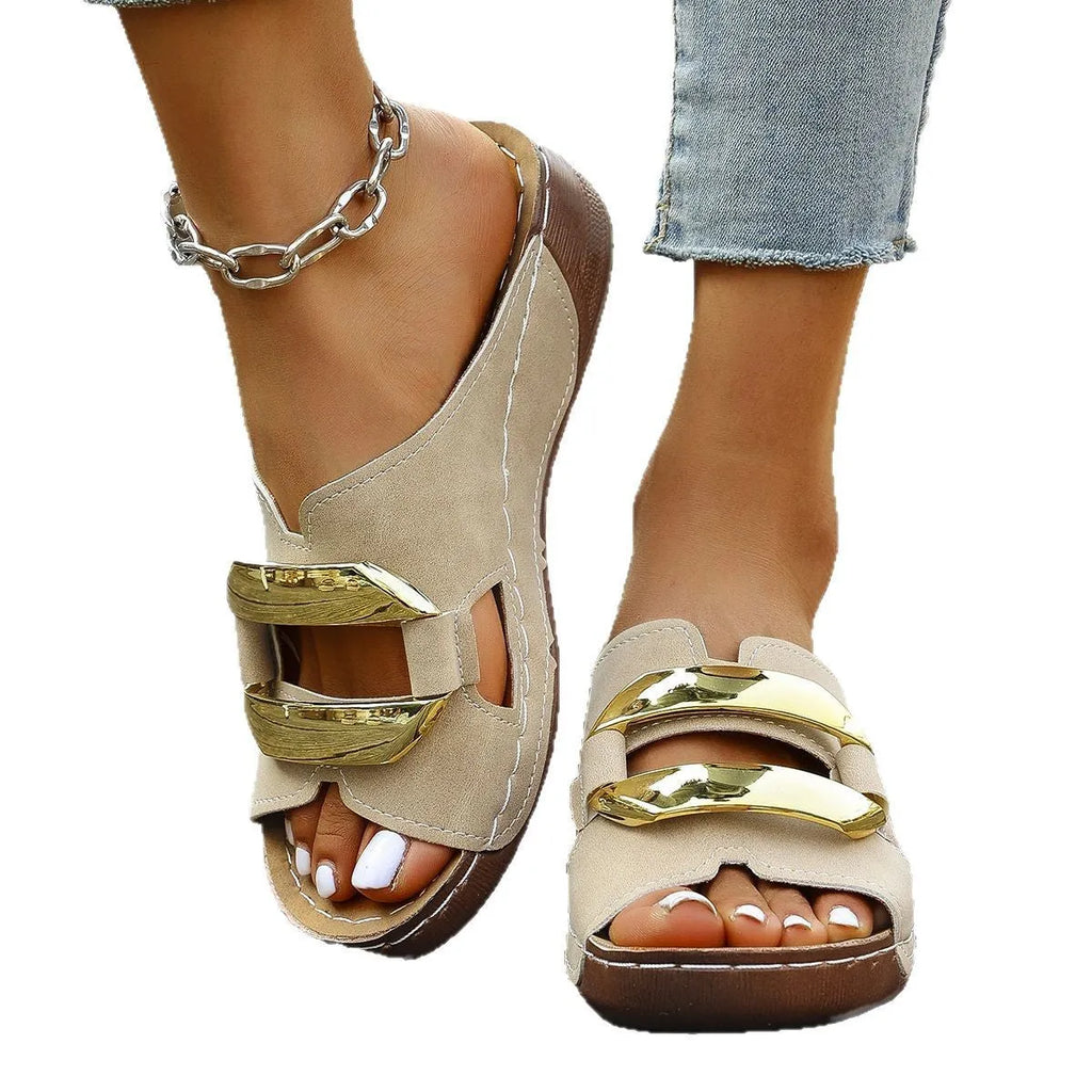 Women's Roman style platform sandals in white, black, khaki, and blue with a metal detail.
