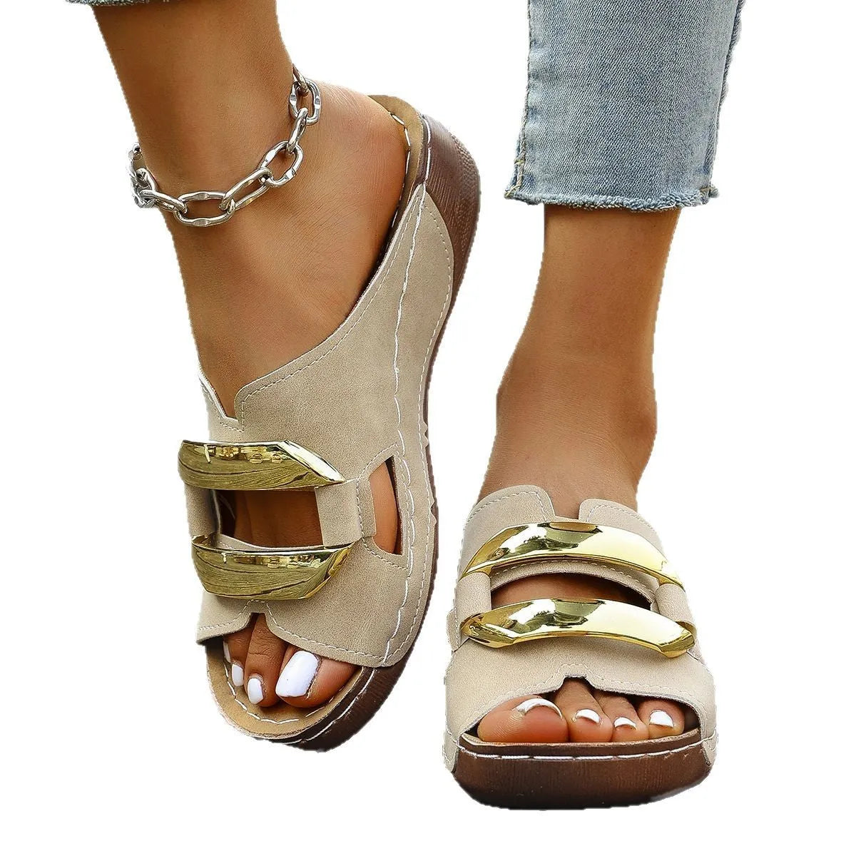 Women's Roman style platform sandals in white, black, khaki, and blue with a metal detail.