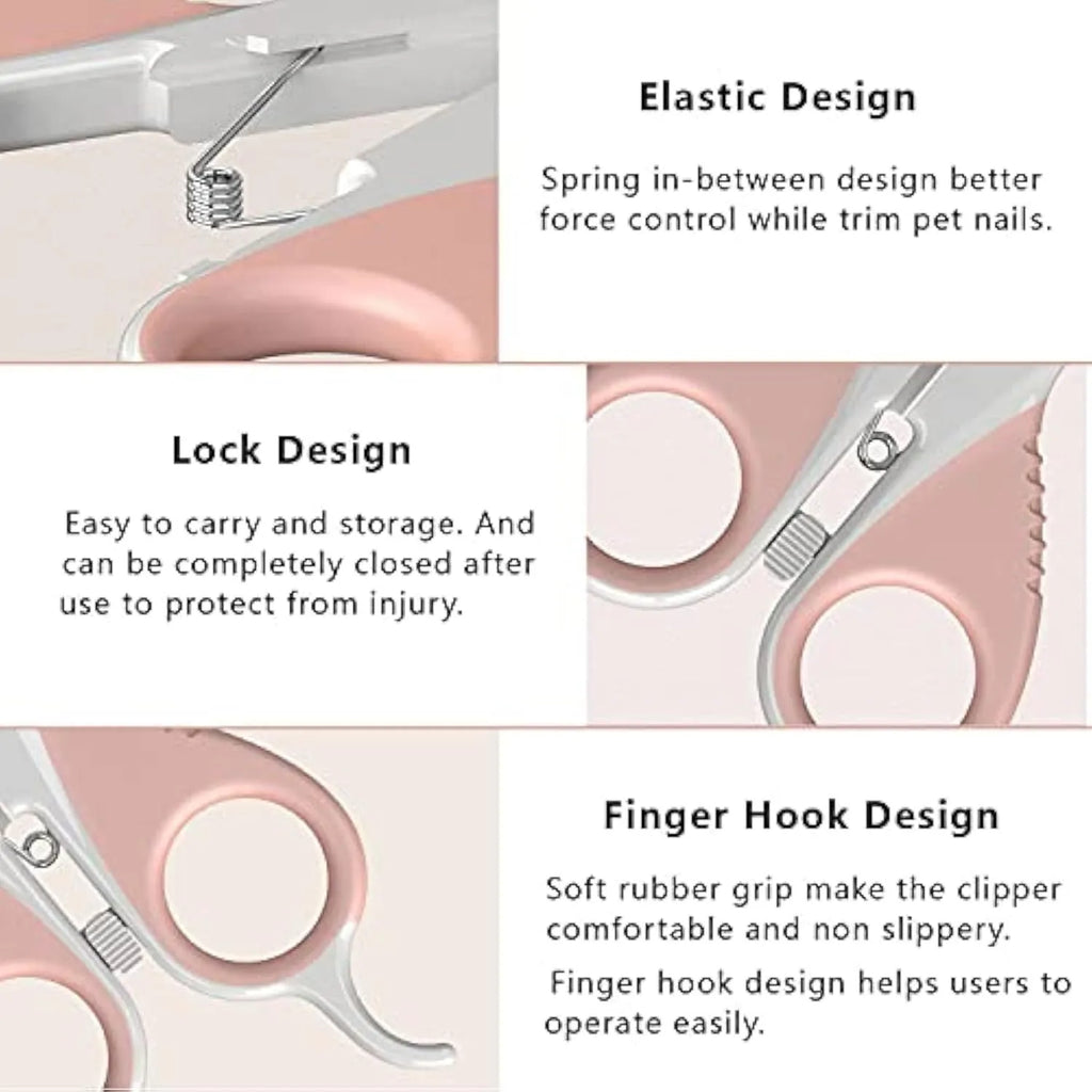 Grey and pink angled pet nail clippers with safety lock and rubber handles.