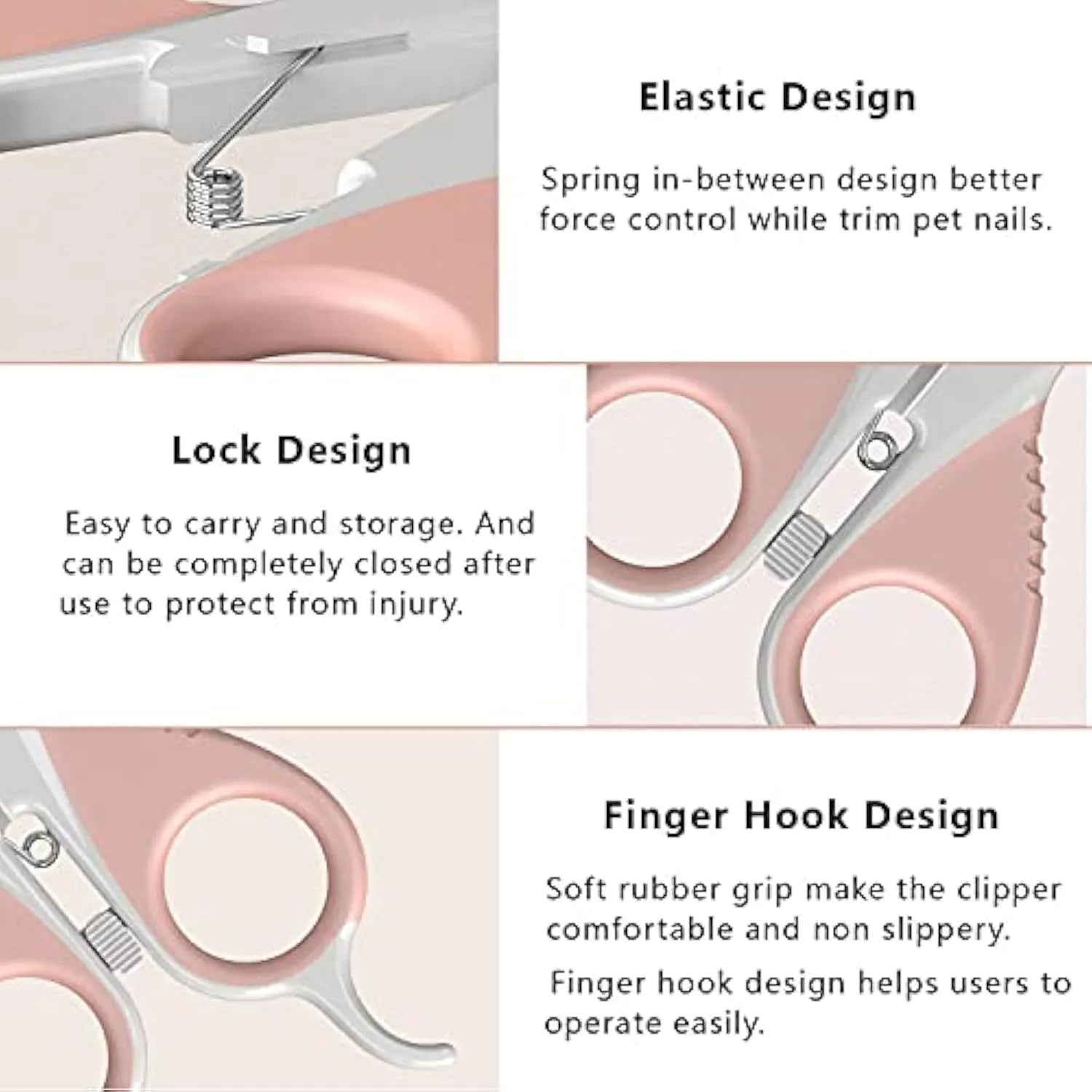 Grey and pink angled pet nail clippers with safety lock and rubber handles.