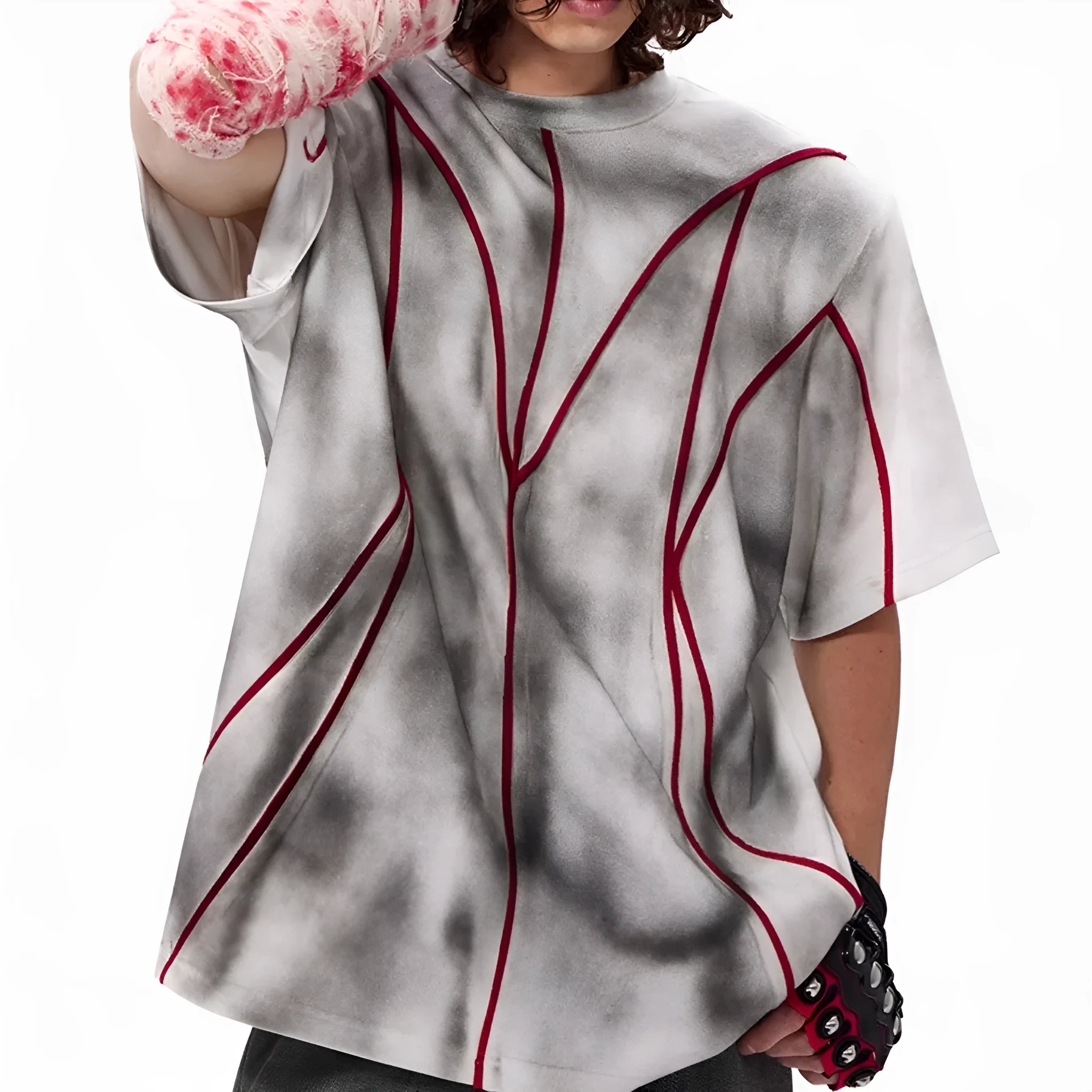 Women's padded shoulder T-shirt with patchwork detailing in short sleeve round neck design
