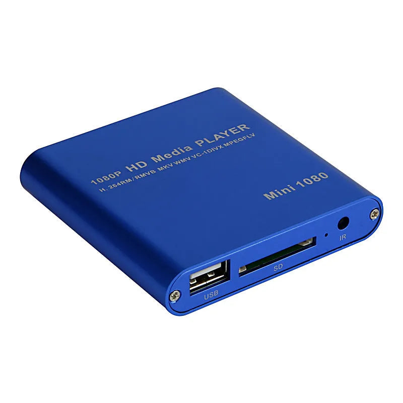 Blue and black 1080p Full HD media player with HDMI port for SD card and USB playback