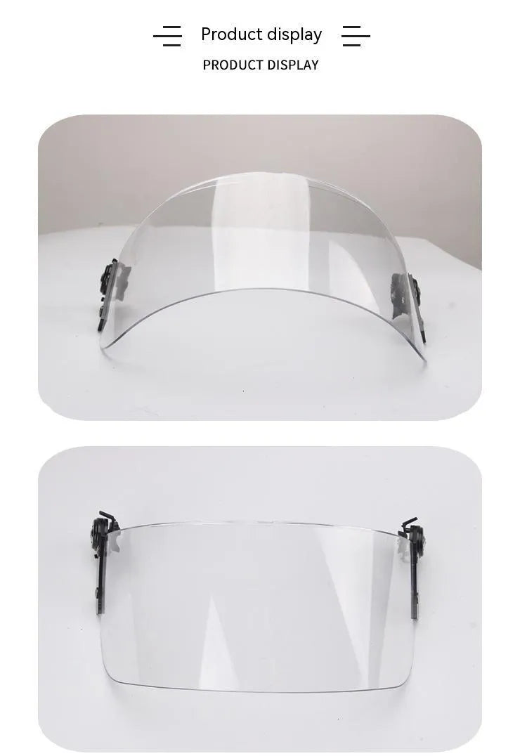 Transparent polycarbonate helmet face shield with semi-rimless frame measuring 30cm by 15cm
