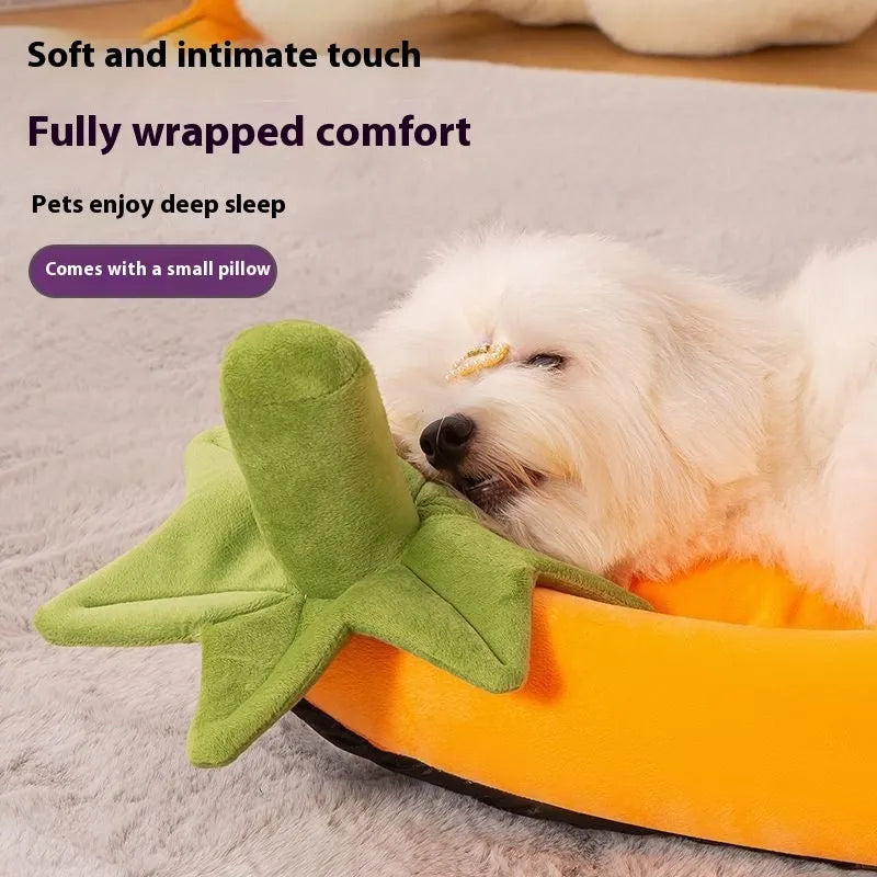 A brown removable cloth dog mat shown in a pet bed, with size options from S to XXL.