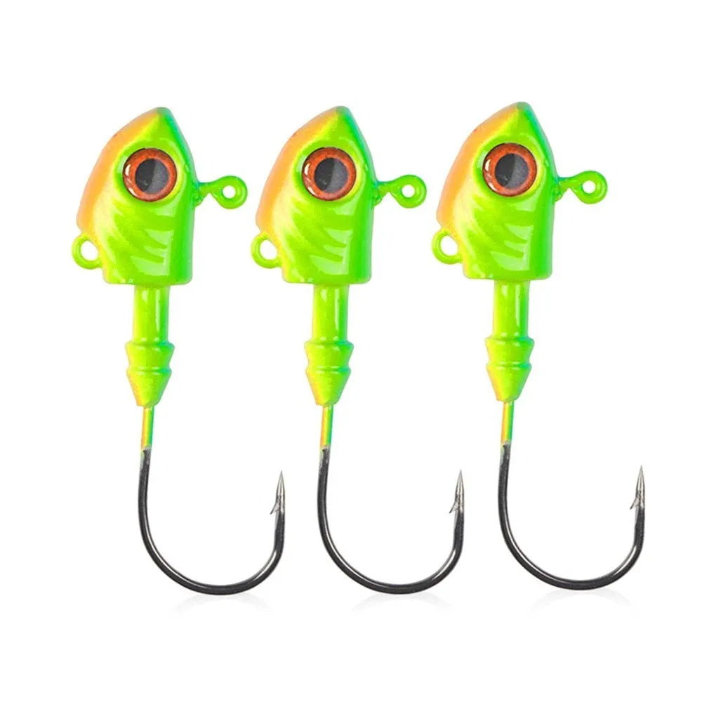 Yayu shaped lead head fishing hook lure in blue, silver, and yellow colours showing fish simulation design.