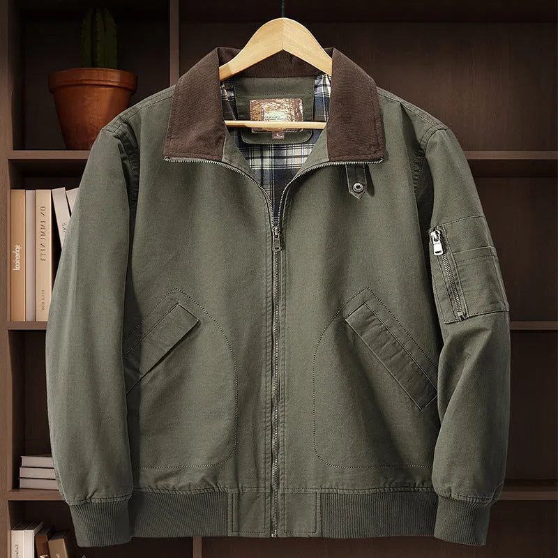 Men's plus size washed cotton baseball jacket in beige colour with full zip front.
