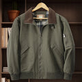 Men's plus size washed cotton baseball jacket in beige colour with full zip front.