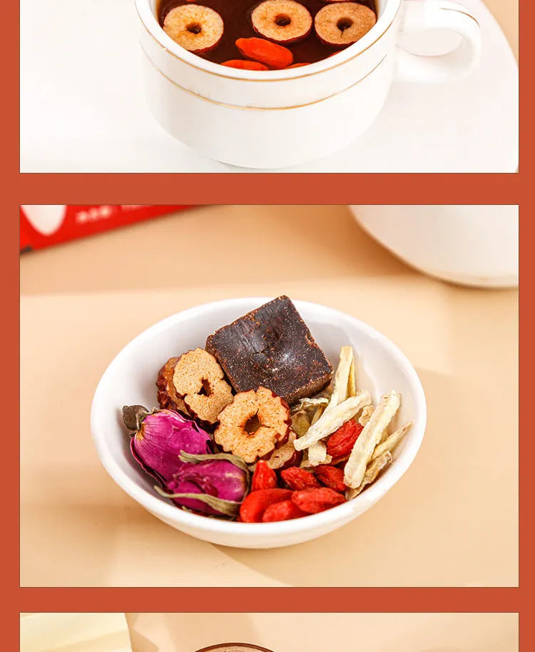 150g box of brown sugar ginger herbal tea with red dates, wolfberries and traditional Chinese ingredients