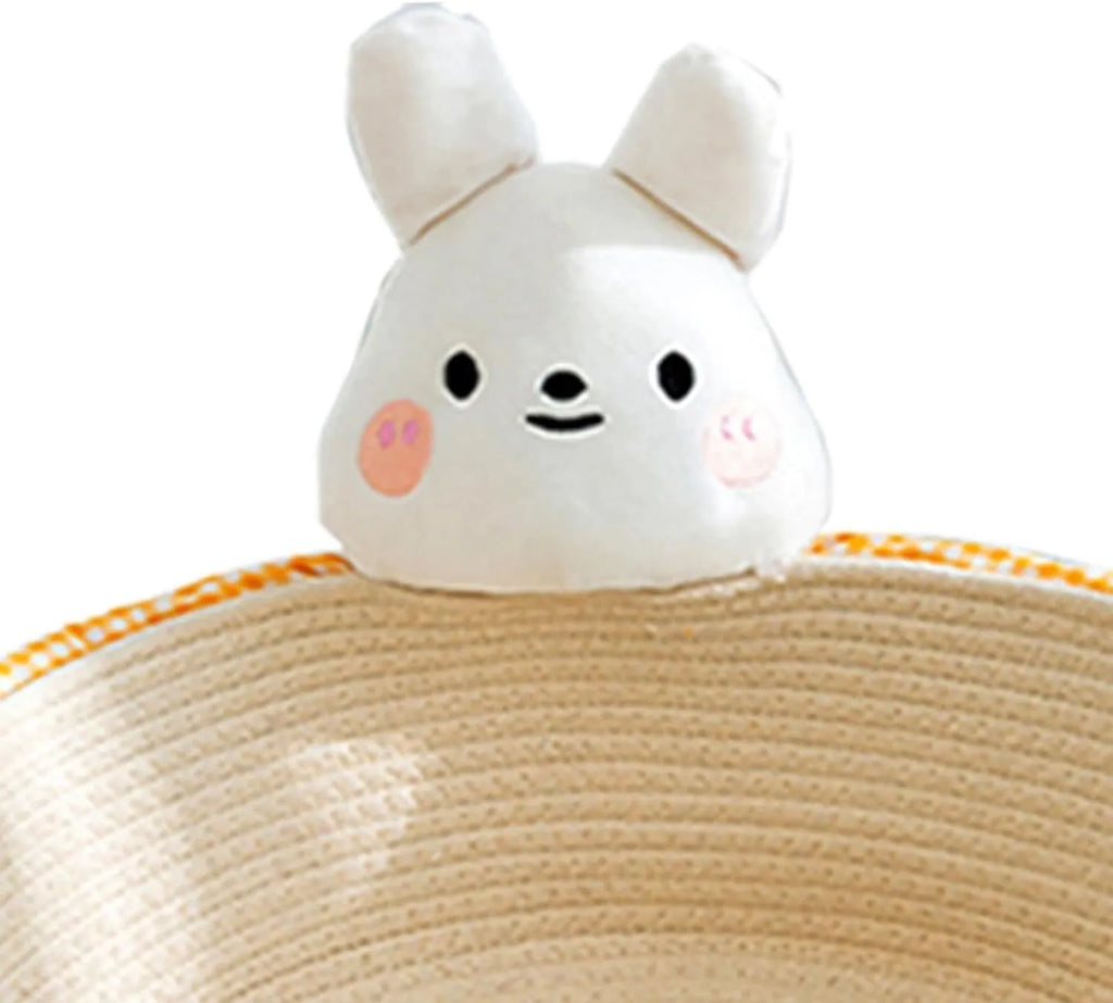Woven cotton rope cat bed with integrated scratch board in bear design, showing basket shape with pet toy storage