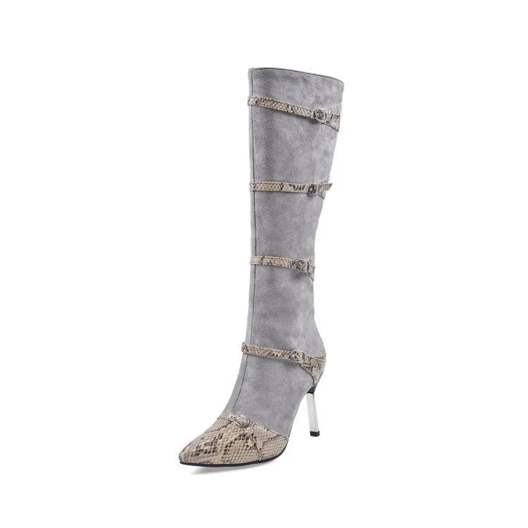 Grey and black women's knee high boots with a thin high heel on a rubber sole.