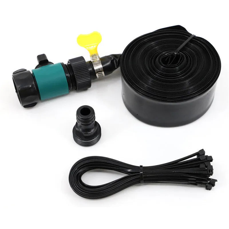 Blue portable PVC garden sprinkler with solar water cooling system on a lawn.