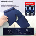 Airbag blue self-heating knee massager showing adjustable strap and control panel for heat, vibration, and air pressure functions.
