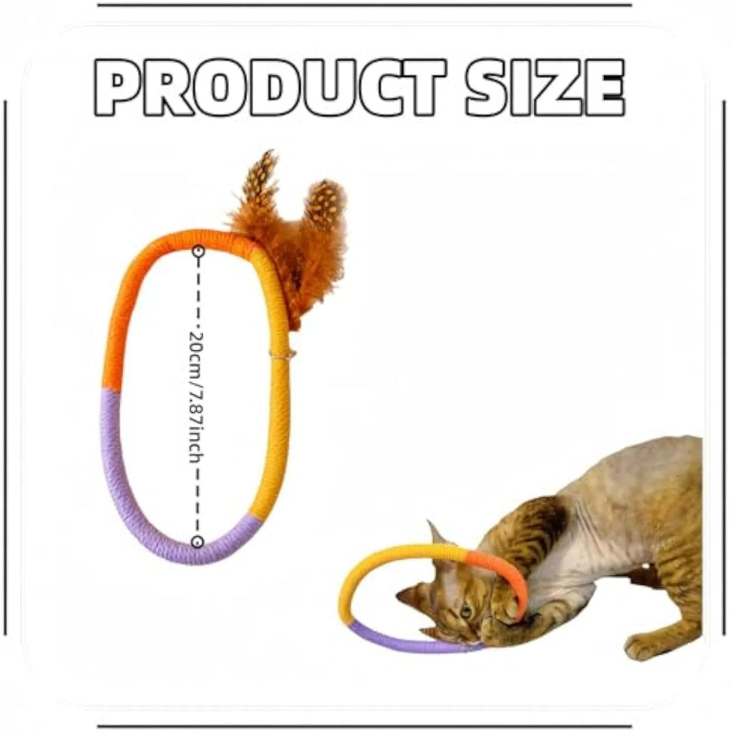 Green circular cotton rope cat toy with feathers and catnip for indoor cats