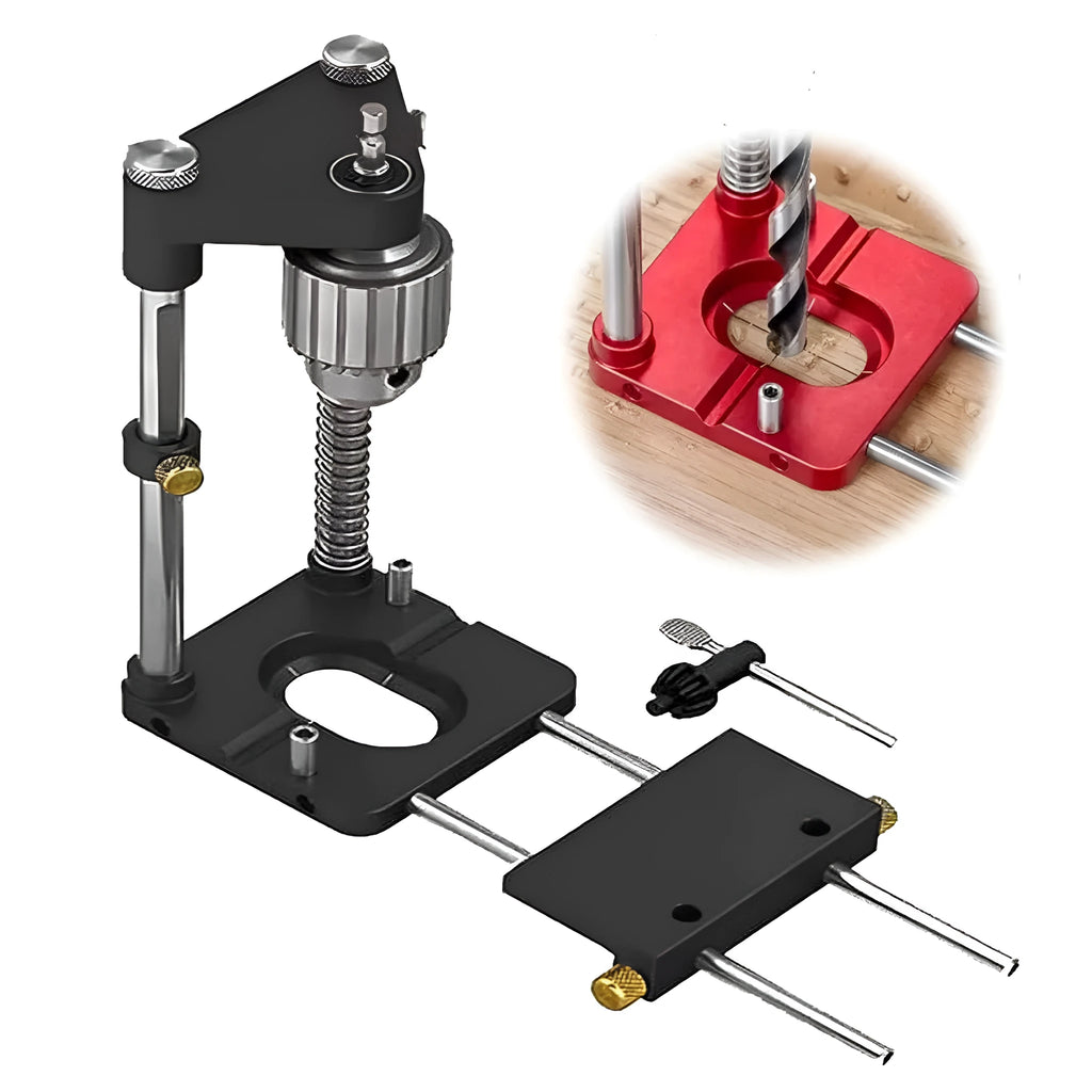 Woodworking drill locator with metal body and red or black durable polymer section for wood drilling