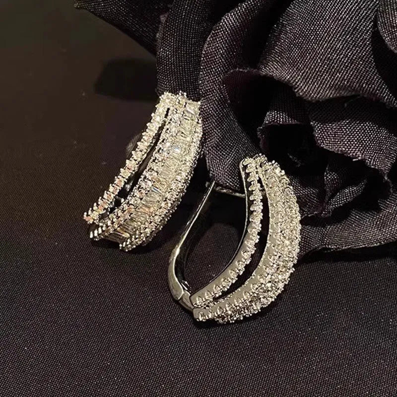 Women's geometric copper stud earrings with zircon stone inlay in white gold colour