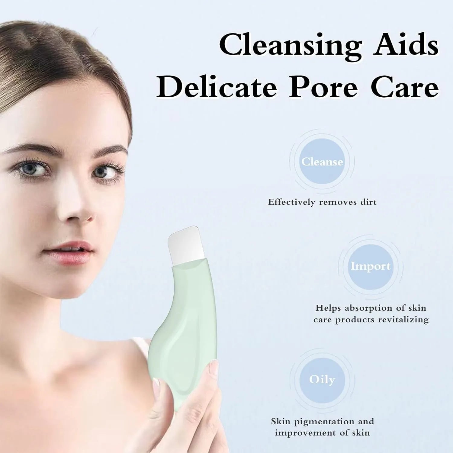 Green stainless steel facial pore scraper tool with a silicone handle for blackhead removal.