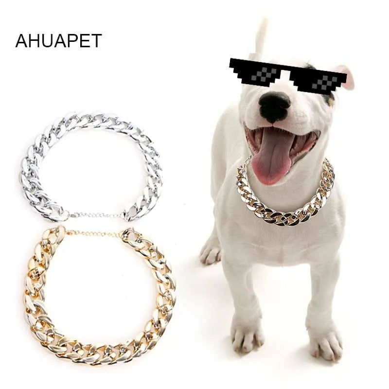 Gold colour chain dog collar with geometric plastic design for small to medium sized pets
