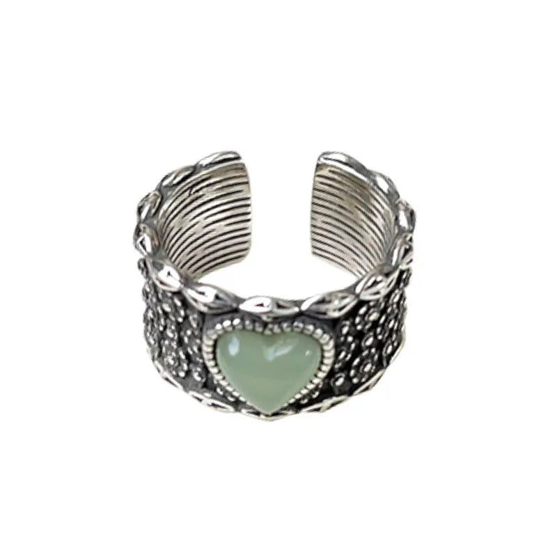 Retro adjustable wide-faced ring with heart-shaped moon design in white copper plated silver