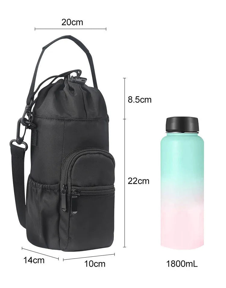 Cloth crossbody water bottle shoulder pouch shown in black, green, and pink colour options.