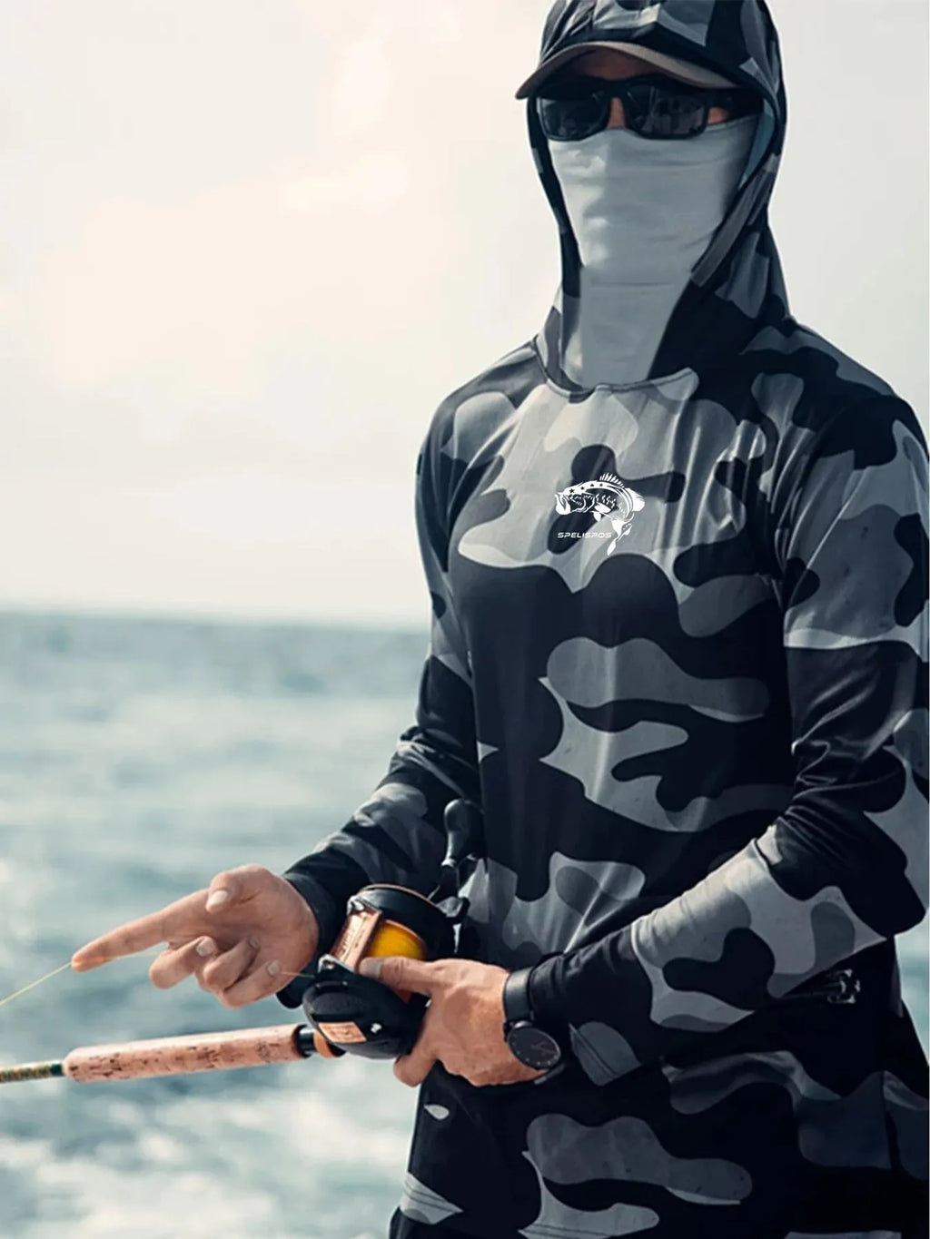 Men's long sleeve technical fishing shirt with mesh side panels and crew neck