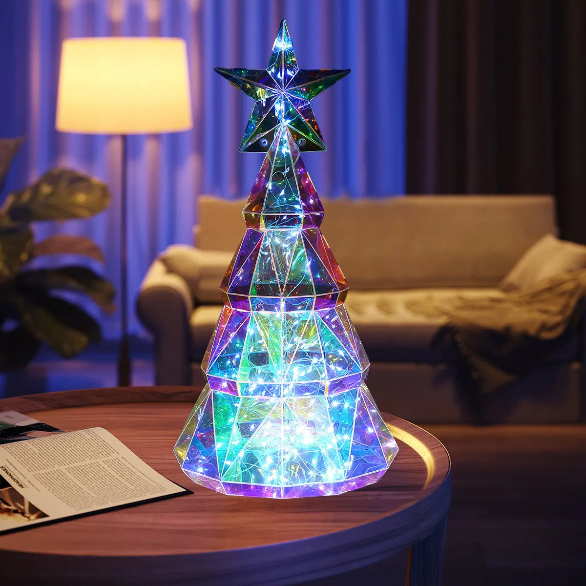 Colourful cartoon Christmas tree light with LED illumination on PET plastic base