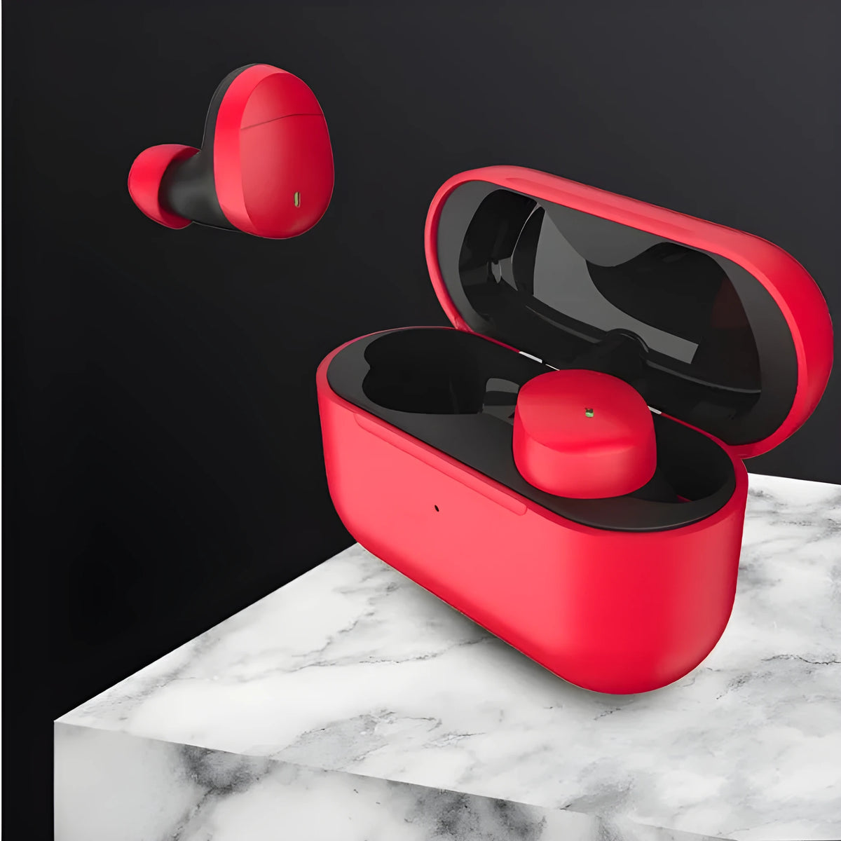 Flame red Qualcomm TWS 3040 Bluetooth 5.2 wireless earplug headset with charging cable.