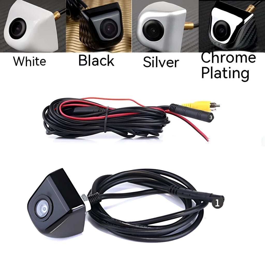 Black metal waterproof HD car rearview camera with integrated cable on a white background.