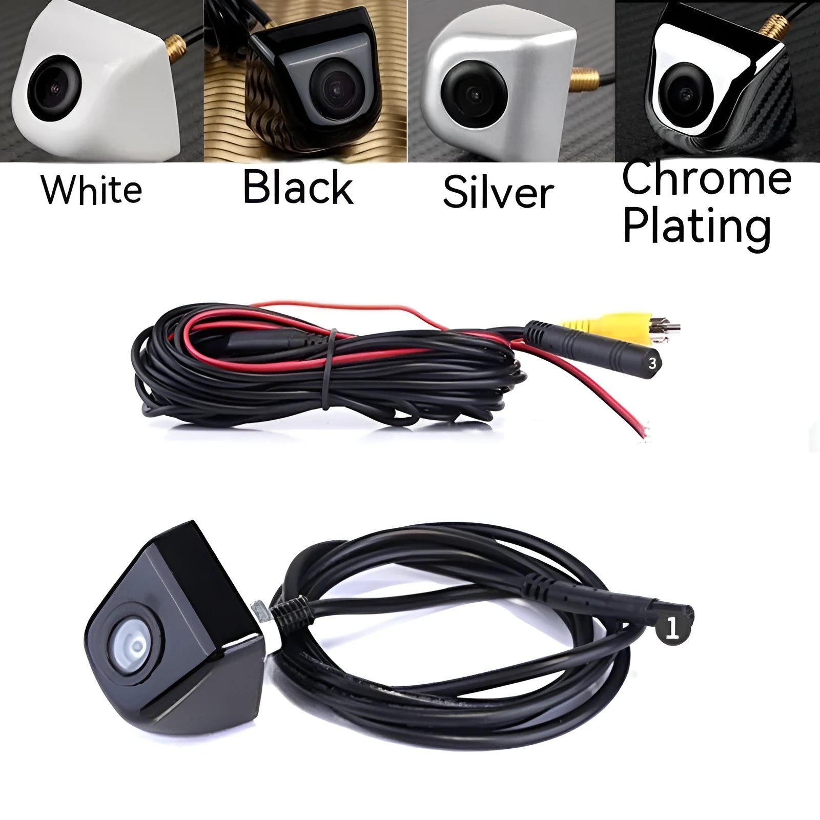 Black metal waterproof HD car rearview camera with integrated cable on a white background.