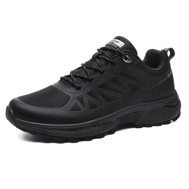 Men's black plus size outdoor running shoes with breathable mesh upper and lace-up design