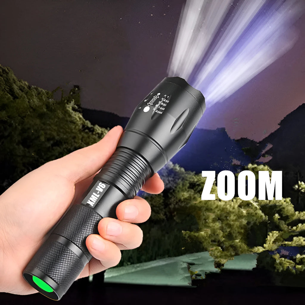 Black aluminium alloy zoomable LED flashlight showing adjustable head for focus control